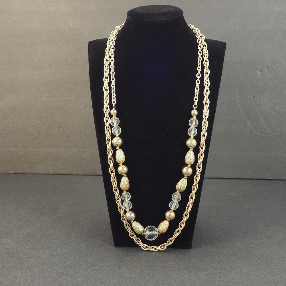 Coro Gold Tone Double Strand Beaded Necklace Rhinestone Accent Toggle Clasp